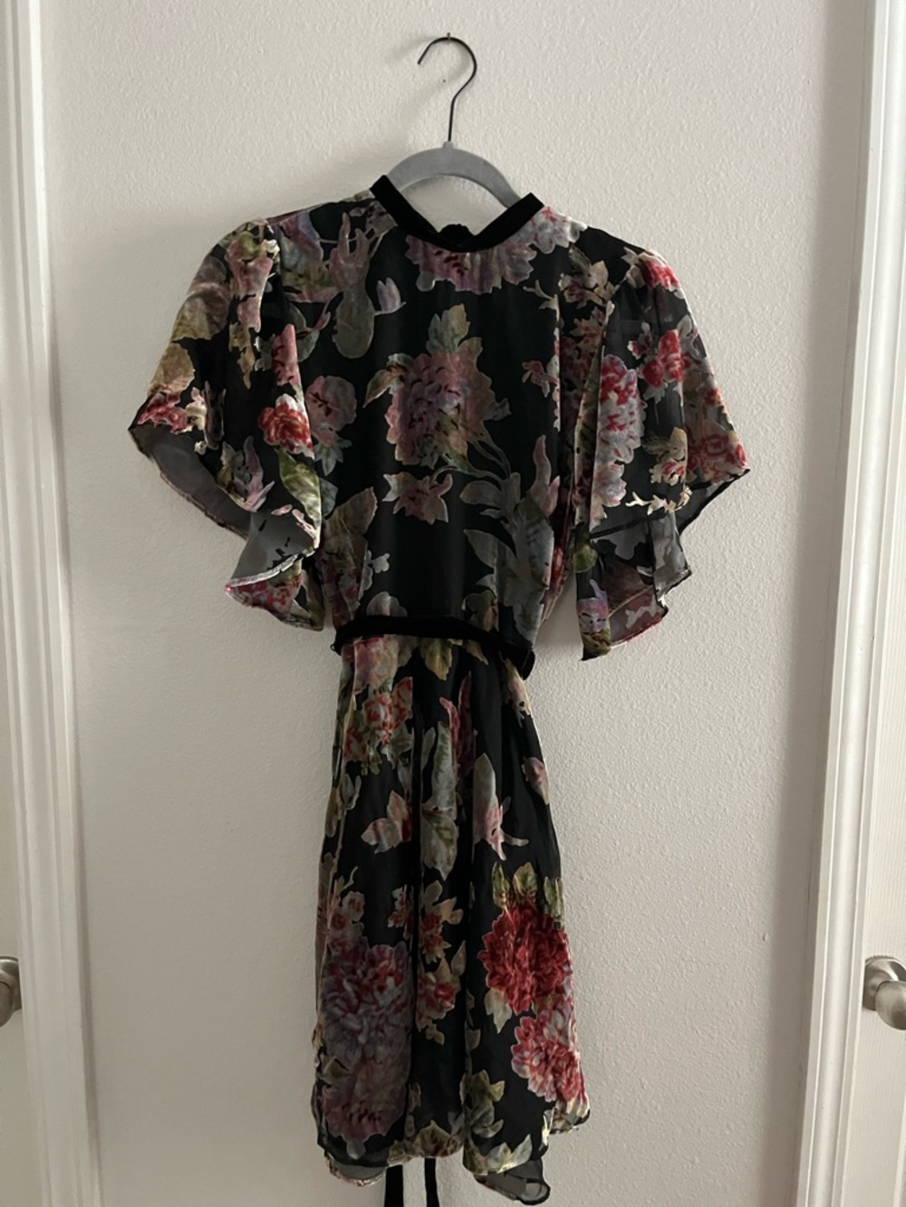Zara Black Floral Mini Dress with Flutter Sleeves
